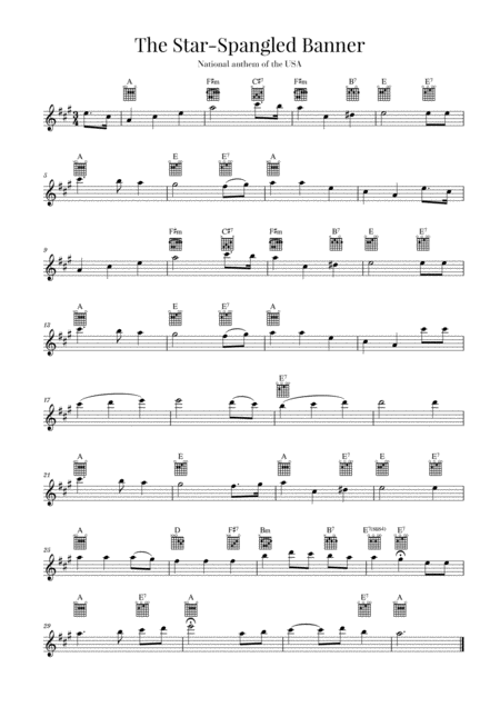 Free Sheet Music The Star Spangled Banner National Anthem Of The Usa Guitar A Major