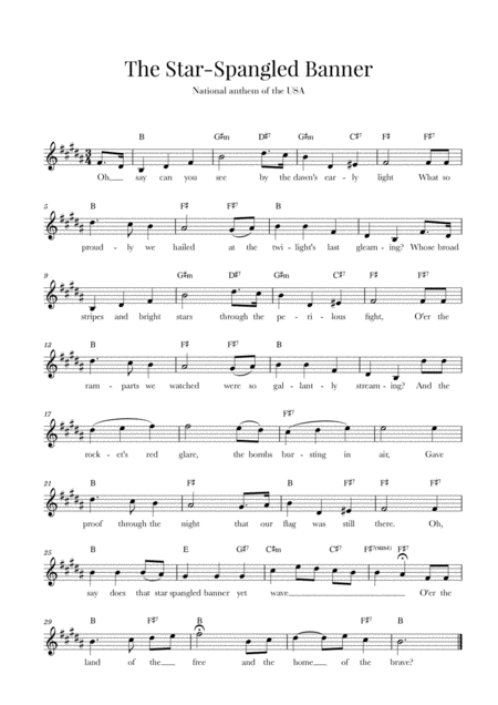 The Star Spangled Banner National Anthem Of The Usa With Lyrics B Major Sheet Music