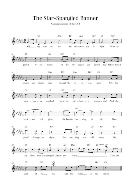 Free Sheet Music The Star Spangled Banner National Anthem Of The Usa With Lyrics C Flat Major