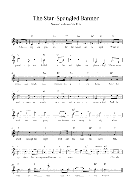 Free Sheet Music The Star Spangled Banner National Anthem Of The Usa With Lyrics C Major