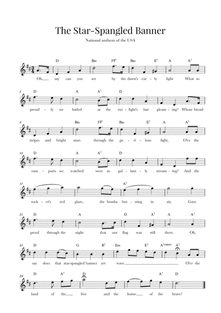 Free Sheet Music The Star Spangled Banner National Anthem Of The Usa With Lyrics D Major