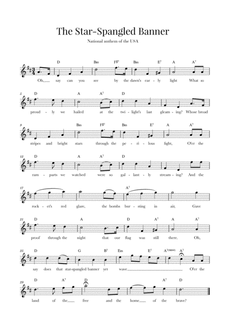 The Star Spangled Banner National Anthem Of The Usa With Lyrics D Major Sheet Music