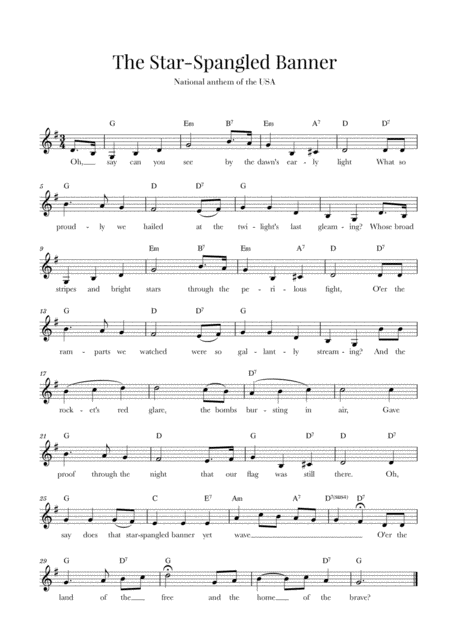 The Star Spangled Banner National Anthem Of The Usa With Lyrics G Major Sheet Music