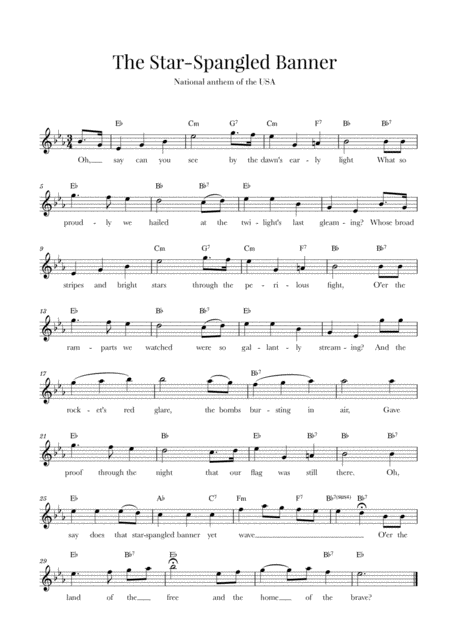 Free Sheet Music The Star Spangled Banner National Anthem Of The Usa With Lyrics Original Version Eb Major