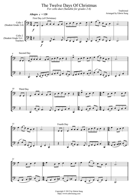 Free Sheet Music The Twelve Days Of Christmas For Cello Duet Suitable For Grades 2 6