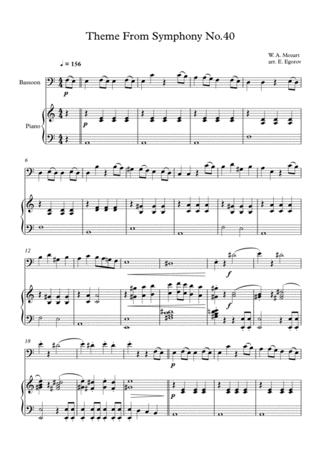 Free Sheet Music Theme From Symphony No 40 Wolfgang Amadeus Mozart For Bassoon