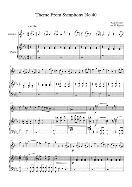 Free Sheet Music Theme From Symphony No 40 Wolfgang Amadeus Mozart For Clarinet Piano