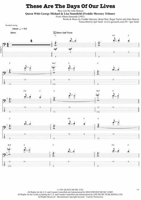 These Are The Days Of Our Lives Live Freddie Mercury Tribute 92 Queen John Deacon Complete And Accurate Bass Transcription Whit Tab Sheet Music