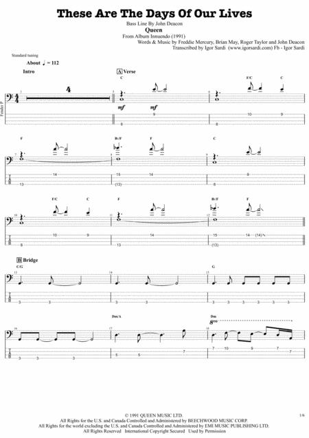 Free Sheet Music These Are The Days Of Our Lives Queen John Deacon Complete And Accurate Bass Transcription Whit Tab