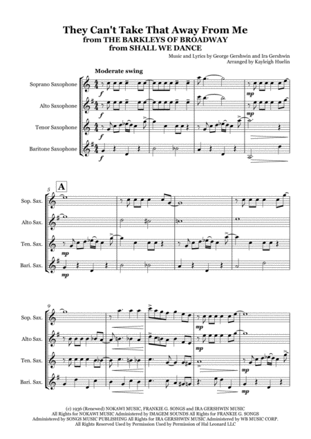 They Cant Take That Away From Me By George And Ira Gershwin Saxophone Quartet Satb Sheet Music