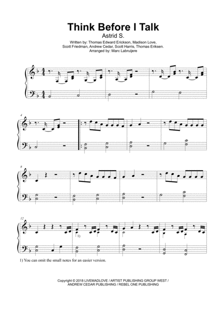 Free Sheet Music Think Before I Talk Astrids Easy