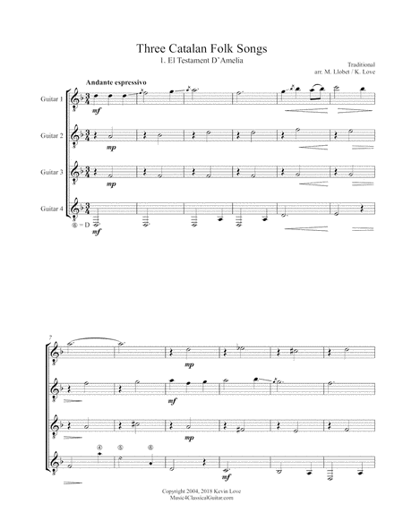 Free Sheet Music Three Catalan Folk Songs Guitar Quartet Score And Parts