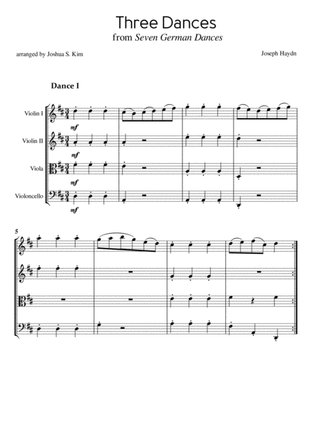 Three Dances From Seven German Dances By J Haydn For String Quartet Sheet Music