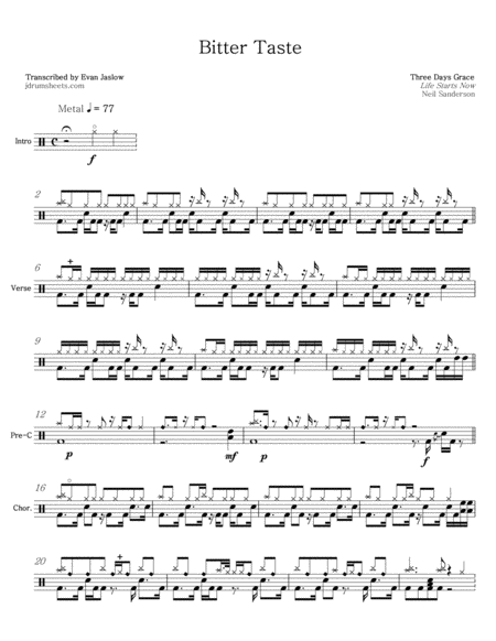 Three Days Grace Bitter Taste Sheet Music