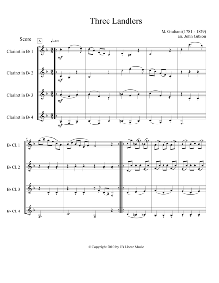 Three Landlers Waltzes For Clarinet Quartet Sheet Music