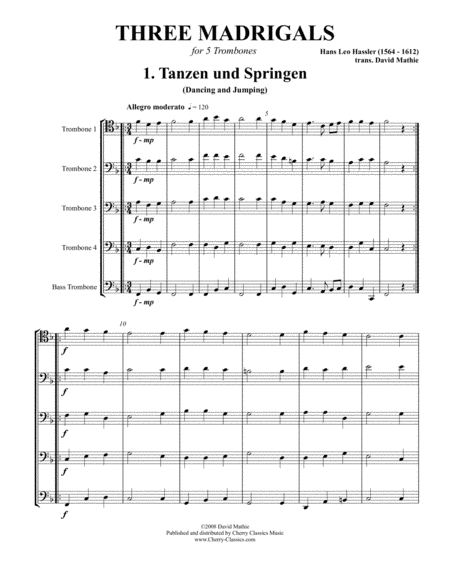 Three Madrigals For Trombone Quintet Sheet Music