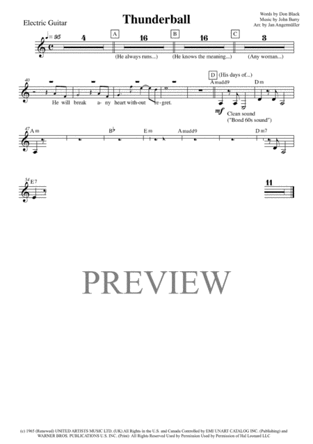 Thunderball E Guitar Transcription Of Original Tom Jones Recording For James Bond A Minor Sheet Music