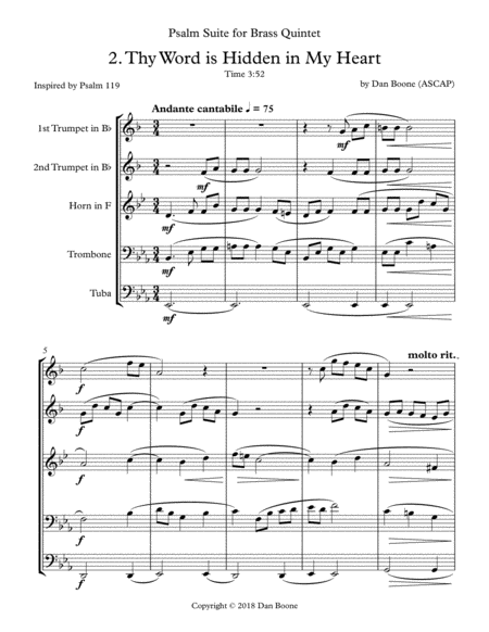 Thy Word Is Hidden In My Heart Psalm Suite For Brass Quintet Sheet Music