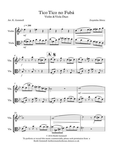 Free Sheet Music Tico Tico No Fuba Violin Viola Duet