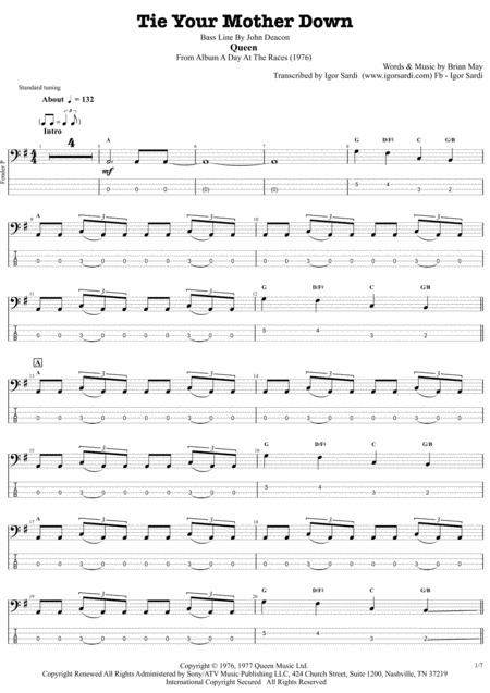 Tie Your Mother Down Queen John Deacon Complete And Accurate Bass Transcription Whit Tab Sheet Music