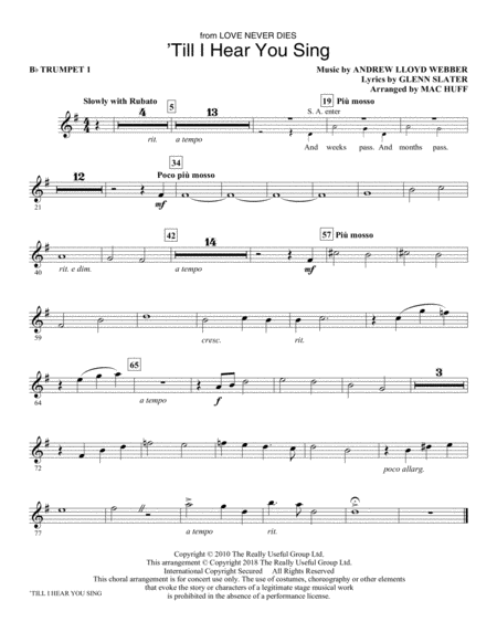 Free Sheet Music Till I Hear You Sing From Love Never Dies Arr Mac Huff Bb Trumpet 1