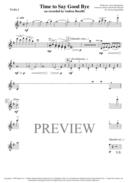 Time To Say Goodbye Violin 1 Play A Long The Violin 1 Part With The Andrea Bocelli Recording Sheet Music