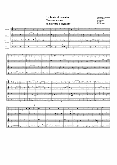 Toccata No 8 Book 2 Arrangement For 4 Recorders Sheet Music