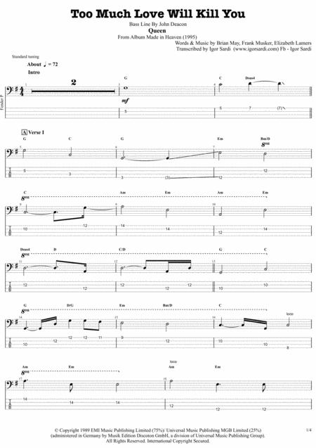 Too Much Love Will Kill You Queen John Deacon Complete And Accurate Bass Transcription Whit Tab Sheet Music