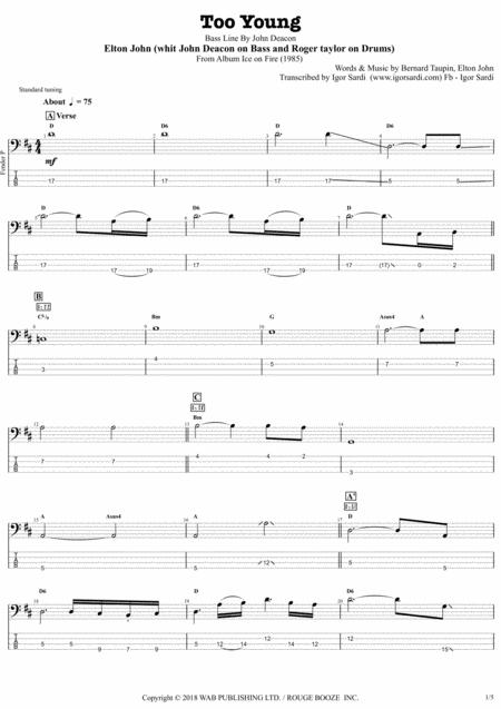 Too Young Elton John John Deacon Complete And Accurate Bass Transcription Whit Tab Sheet Music