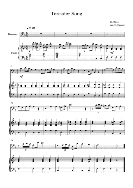 Free Sheet Music Toreador Song Georges Bizet For Bassoon Piano