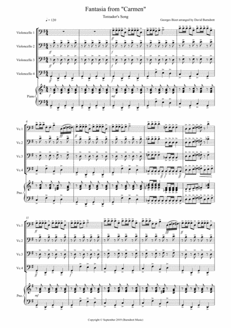 Free Sheet Music Toreadors Song Fantasia From Carmen For Cello Quartet