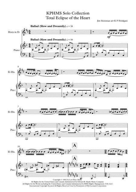 Free Sheet Music Total Eclipse Of The Heart Solo For Horn In Eb And Piano