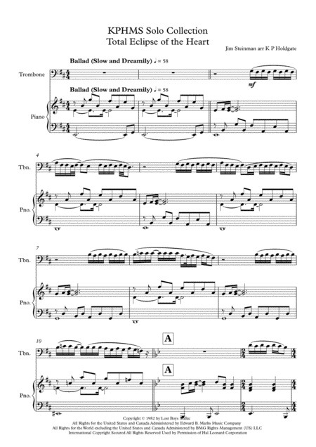 Free Sheet Music Total Eclipse Of The Heart Solo For Trombone Baritone Or Euphonium In Bass Clef With Piano