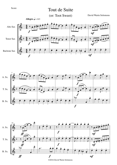 Free Sheet Music Tout De Suite Or Toot Sweet For Saxophone Trio