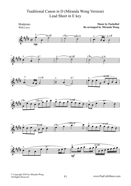 Free Sheet Music Traditional Canon In D Oboe Or Piccolo Solo In E