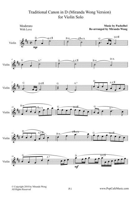 Traditional Canon In D Violin Solo Lead Sheet Sheet Music