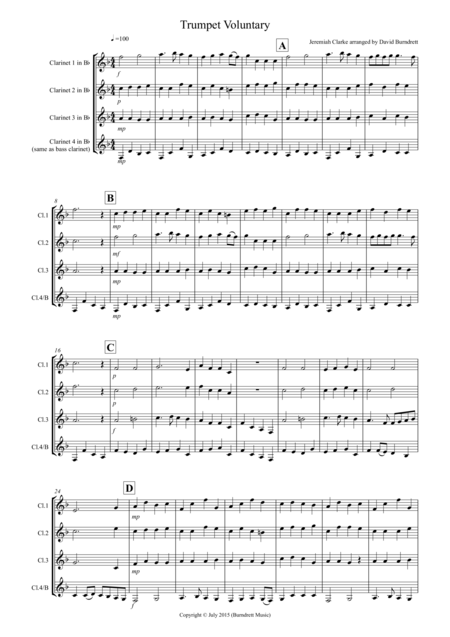 Trumpet Voluntary For Clarinet Quartet Sheet Music