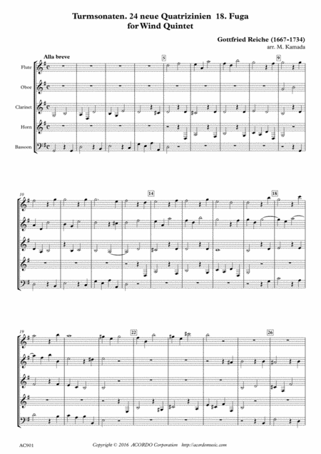 Turmsonaten 24 Neue Quatrizinien 18 Fuga For Wind Quintet Sheet Music