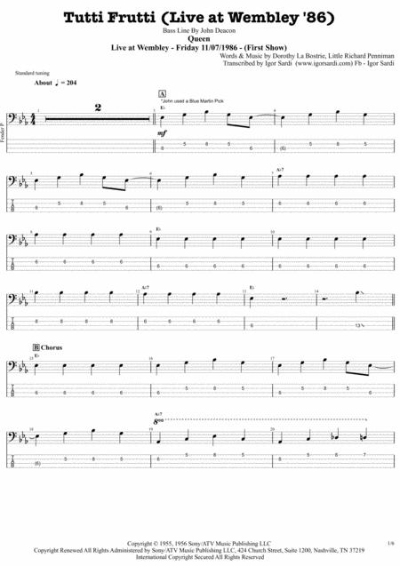 Tutti Frutti Live Wembley 86 Queen John Deacon Complete And Accurate Bass Transcription Whit Tab Sheet Music