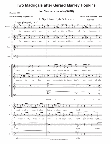 Two Madrigals After Gerard Manley Hopkins Spelt From Sibyls Leaves And Binsey Poplars For Mixed Chorus Satb A Capella Sheet Music