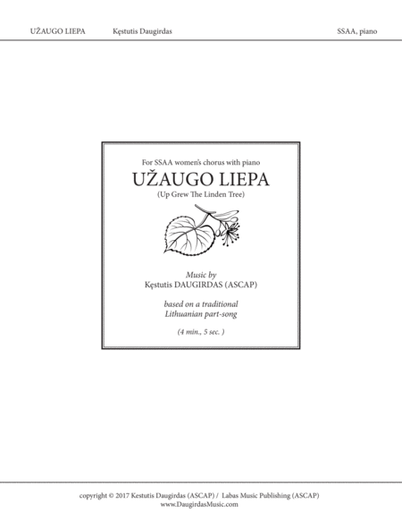 Free Sheet Music U Augo Liepa Up Grew The Linden Tree Lithuanian Folk Song For Ssaa And Piano