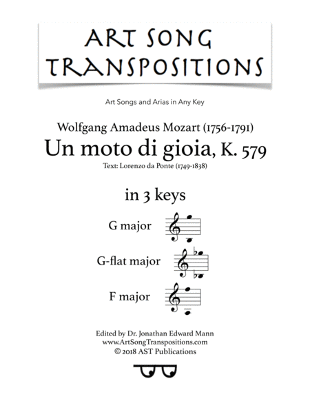 Un Moto Di Gioia K 579 In 3 Keys G G Flat F Major Sheet Music