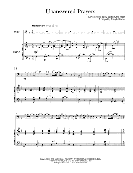 Unanswered Prayers Cello And Piano Key Of F Sheet Music