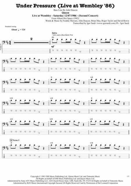 Under Pressure Live Wembley 86 Queen John Deacon Complete And Accurate Bass Transcription Whit Tab Sheet Music