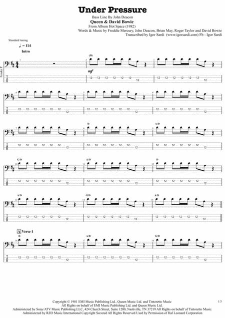 Under Pressure Queen John Deacon Complete And Accurate Bass Transcription Whit Tab Sheet Music