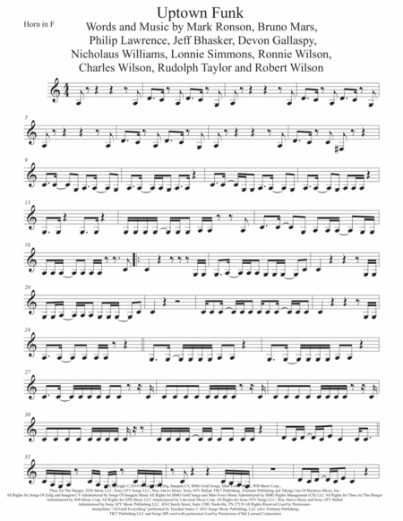 Uptown Funk Easy Key Of C Horn In F Sheet Music