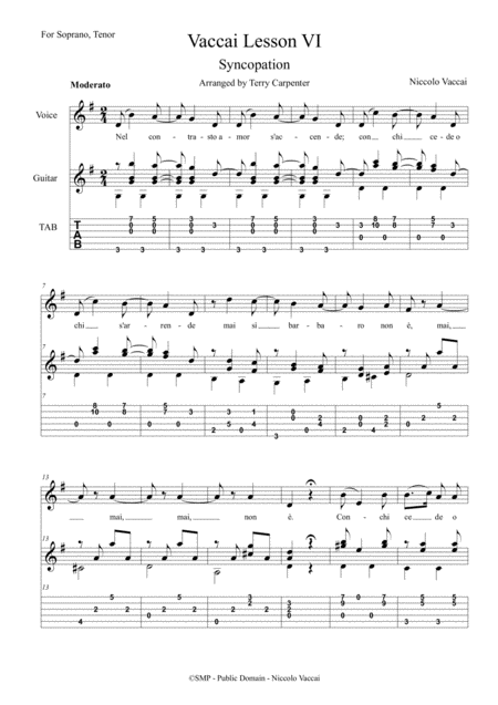 Free Sheet Music Vaccai Lesson 6 Syncopation For Soprano Tenor Voice Guitar