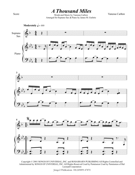 Vanessa Carlton A Thousand Miles For Soprano Sax Piano Sheet Music