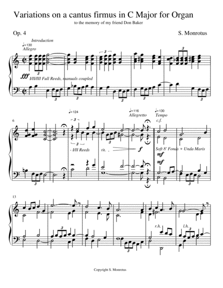 Variations On A Cantus Firmus In C Major For Organ Op 4 Sheet Music