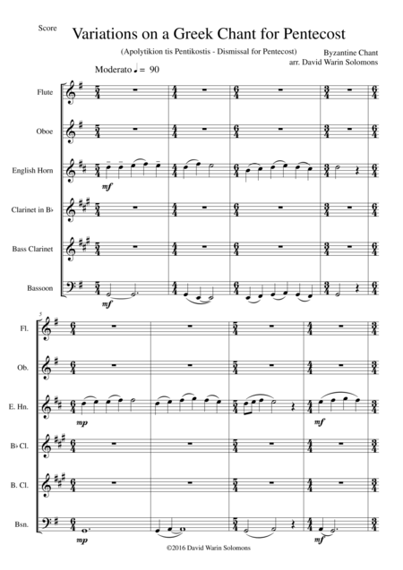 Variations On A Greek Chant For Pentecost For Wind Sextet Sheet Music